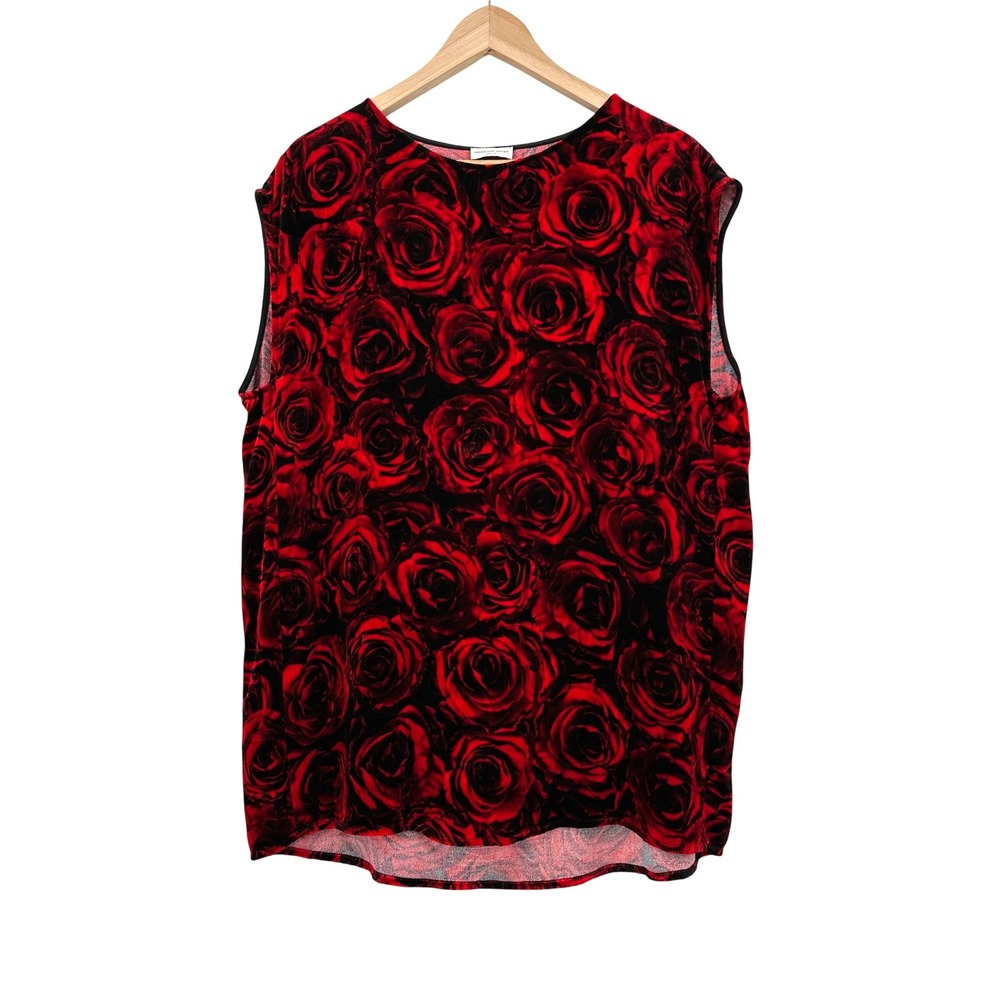 Dries Van Noten Red Black Rose Print Velvet Silk Blend Sleeveless Top 40 / US 10